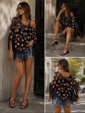 Vintage | Black Crochet Fringe with Multicolor Floral Accents Poncho | OS